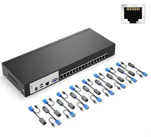 Rack Mount KVM, 16 Port VGA KVM Console Over CAT6 Cable 16 Packs USB VGA to CAT6 Dongle Included Rack Mount KVM, 16 Port VGA KVM Console Over CAT6 Cable 16 Packs USB VGA to CAT6 Dongle Included