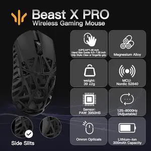 WLMOUSE Beast X Pro Ultra-Light 39g Magnesium Gaming Mouse, PAW3950 HS Sensor, 8K Polling Rate, 30000 DPI,OM & TTC Switches, Customizable Side Panels.(Black(OM Switch-Side Slits)) WLMOUSE Beast X Pro Ultra-Light 39g Magnesium Gaming Mouse, PAW3950 HS Sensor, 8K Polling Rate, 30000 DPI,OM & TTC Switches, Customizable Side Panels.(Black(OM Switch-Side Slits))