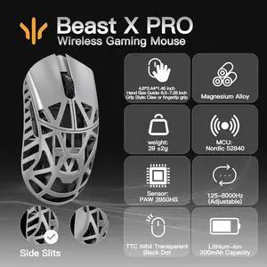 WLMOUSE Beast X Pro Ultra-Light 39g Magnesium Gaming Mouse, PAW3950 HS Sensor, 8K Polling Rate, 30000 DPI,OM & TTC Switches, Customizable Side Panels.(Silver(TTC Switch-Side Slits)) WLMOUSE Beast X Pro Ultra-Light 39g Magnesium Gaming Mouse, PAW3950 HS Sensor, 8K Polling Rate, 30000 DPI,OM & TTC Switches, Customizable Side Panels.(Silver(TTC Switch-Side Slits))