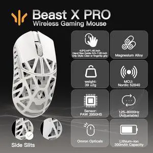 WLMOUSE Beast X Pro Ultra-Light 39g Magnesium Gaming Mouse, PAW3950 HS Sensor, 8K Polling Rate, 30000 DPI,OM & TTC Switches, Customizable Side Panels.(Milky White(OM Switch-Side Slits)) WLMOUSE Beast X Pro Ultra-Light 39g Magnesium Gaming Mouse, PAW3950 HS Sensor, 8K Polling Rate, 30000 DPI,OM & TTC Switches, Customizable Side Panels.(Milky White(OM Switch-Side Slits))