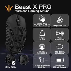WLMOUSE Beast X Pro Ultra-Light 39g Magnesium Gaming Mouse, PAW3950 HS Sensor, 8K Polling Rate, 30000 DPI,OM & TTC Switches, Customizable Side Panels.(Black(TTC Switch-Side Slits)) WLMOUSE Beast X Pro Ultra-Light 39g Magnesium Gaming Mouse, PAW3950 HS Sensor, 8K Polling Rate, 30000 DPI,OM & TTC Switches, Customizable Side Panels.(Black(TTC Switch-Side Slits))
