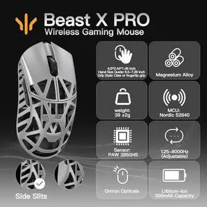 WLMOUSE Beast X Pro Ultra-Light 39g Magnesium Gaming Mouse, PAW3950 HS Sensor, 8K Polling Rate, 30000 DPI,OM & TTC Switches, Customizable Side Panels.(Silver(OM Switch-Side Slits)) WLMOUSE Beast X Pro Ultra-Light 39g Magnesium Gaming Mouse, PAW3950 HS Sensor, 8K Polling Rate, 30000 DPI,OM & TTC Switches, Customizable Side Panels.(Silver(OM Switch-Side Slits))