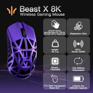 WLMOUSE Beast X 8K Wireless Gaming Mouse with PAW3395 Gaming Sensor, 39g Magnesium Alloy Design, 26K DPI, 8K Polling Rate, Nordic 52840 MCU (Purple(TTC Nihil Switch)) WLMOUSE Beast X 8K Wireless Gaming Mouse with PAW3395 Gaming Sensor, 39g Magnesium Alloy Design, 26K DPI, 8K Polling Rate, Nordic 52840 MCU (Purple(TTC Nihil Switch))