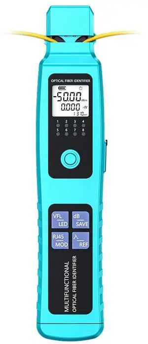Battery-Powered Fiber Optic Identifier -50-26dBm 5-in-1 Tool with Power Meter, Red Light Source, Clamp for Single & Multi-Mode Fiber Direction Check Battery-Powered Fiber Optic Identifier -50-26dBm 5-in-1 Tool with Power Meter, Red Light Source, Clamp for Single & Multi-Mode Fiber Direction Check