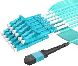 10 Meters OM4 12 Cores MPO-LC Connector Optical Fiber Patch Cord 50/125 Multimode Fan-Out Jumper Female to Female Type B 40G/100G 32ft Aqua 10 Meters OM4 12 Cores MPO-LC Connector Optical Fiber Patch Cord 50/125 Multimode Fan-Out Jumper Female to Female Type B 40G/100G 32ft Aqua