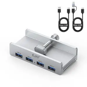 4-Port USB 3.0 Hub with Clamp, Aluminum Desk/Monitor Mount Hub for PC, Mac, Linux, 5Gbps High-Speed Data Transfer, Extra Power Port for Stable Connection, 59in Data Cable, Silver 4-Port USB 3.0 Hub with Clamp, Aluminum Desk/Monitor Mount Hub for PC, Mac, Linux, 5Gbps High-Speed Data Transfer, Extra Power Port for Stable Connection, 59in Data Cable, Silver