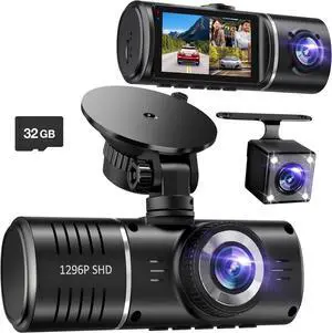 Dash Cam Front and Rear, 1296P Dash Camera for Cars, 3 Channel Car Camera Front Rear and Inside with 32GB Card, Loop Recording, Night Vision, HDR, 24Hr Parking, G-Sensor Dash Cam Front and Rear, 1296P Dash Camera for Cars, 3 Channel Car Camera Front Rear and Inside with 32GB Card, Loop Recording, Night Vision, HDR, 24Hr Parking, G-Sensor