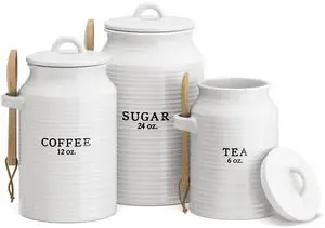 Barnyard Designs Canister Set for Kitchen Counter, Coffee Tea Sugar Container Ceramic Set, Decorative Canisters, Rustic Farmhouse Canister Jars, White (Coffee/Sugar/Tea) Barnyard Designs Canister Set for Kitchen Counter, Coffee Tea Sugar Container Ceramic Set, Decorative Canisters, Rustic Farmhouse Canister Jars, White (Coffee/Sugar/Tea)