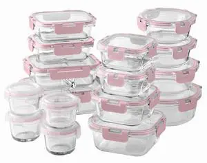 COOK WITH COLOR Premium 32-Pc. Borosilicate Glass Food Container Set with Dividers - 4 Rectangles, 8 Rounds, 4 Squares - Leakproof Lids - Meal Prep, Storage, Pink COOK WITH COLOR Premium 32-Pc. Borosilicate Glass Food Container Set with Dividers - 4 Rectangles, 8 Rounds, 4 Squares - Leakproof Lids - Meal Prep, Storage, Pink
