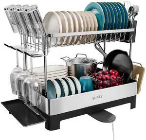 SUNLY 2 Tier Dish Drying Rack, Extra Large Dish Rack, Multifunctional Large Dish Drainers for Kitchen Counter, 304 Stainless Steel Kitchen Drying Rack, Bowl Drying Rack, Extendable Drain Spout, Black SUNLY 2 Tier Dish Drying Rack, Extra Large Dish Rack, Multifunctional Large Dish Drainers for Kitchen Counter, 304 Stainless Steel Kitchen Drying Rack, Bowl Drying Rack, Extendable Drain Spout, Black
