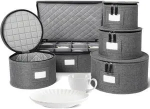 storageLAB China Storage Containers, Hard Shell Case with Felt Dividers for Charger Plates, and Dishes, Ideal for Kitchen Organization, Moving Supplies, and Fine China Storage - 5-Piece Set, Gray storageLAB China Storage Containers, Hard Shell Case with Felt Dividers for Charger Plates, and Dishes, Ideal for Kitchen Organization, Moving Supplies, and Fine China Storage - 5-Piece Set, Gray