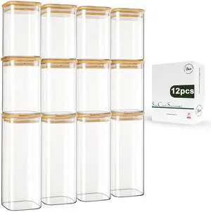 LIBWYS 12-Pack Square Glass Storage Jars with Bamboo Lids (0.6Qt/1.06Qt) - Stackable Food Containers for Pantry Organization, Coffee, Flour, Snacks, Tea | Kitchen Canisters Set LIBWYS 12-Pack Square Glass Storage Jars with Bamboo Lids (0.6Qt/1.06Qt) - Stackable Food Containers for Pantry Organization, Coffee, Flour, Snacks, Tea | Kitchen Canisters Set