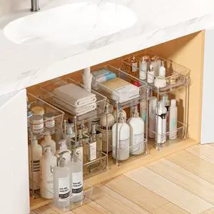 Vtopmart 4 Pack Higher Bathroom Organizer, 2 Tier White Under Sink Organizers Vanity Countertop Storage Container,Cabinet Drawers Bins, Pull-Out Organization with Track for Pantry, Kitchen Vtopmart 4 Pack Higher Bathroom Organizer, 2 Tier White Under Sink Organizers Vanity Countertop Storage Container,Cabinet Drawers Bins, Pull-Out Organization with Track for Pantry, Kitchen