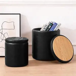 oakvivo Round Ottoman with Storage Set of 2, 12.6" W x 14.17" H & 14.76" W x 17.32" H Faux Footstool Storage Ottomans for Bedroom, Living Room Padded Coffee Table Ottomen, Black oakvivo Round Ottoman with Storage Set of 2, 12.6" W x 14.17" H & 14.76" W x 17.32" H Faux Footstool Storage Ottomans for Bedroom, Living Room Padded Coffee Table Ottomen, Black