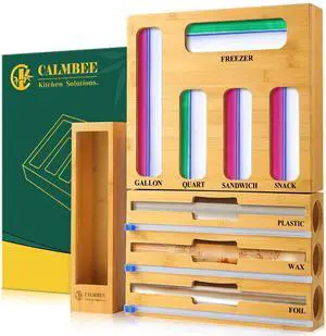 Calmbee 9 in 1 Bamboo Storage Bag Organizer for Kitchen Drawer Plastic Wrap Dispenser with Cutter & Foil Organizer, Wooden Baggie Organizer for Sandwich, Snack, Gallon, Quart Sizes, Natural Calmbee 9 in 1 Bamboo Storage Bag Organizer for Kitchen Drawer Plastic Wrap Dispenser with Cutter & Foil Organizer, Wooden Baggie Organizer for Sandwich, Snack, Gallon, Quart Sizes, Natural