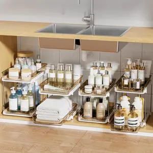 Delamu 2-Tier Multi-Purpose Bathroom Under Sink Organizers and Storage, Stackable Kitchen Pantry Organization, Pull Out Medicine Cabinet Organizer with Movable Dividers, Amber, 4 Pack Delamu 2-Tier Multi-Purpose Bathroom Under Sink Organizers and Storage, Stackable Kitchen Pantry Organization, Pull Out Medicine Cabinet Organizer with Movable Dividers, Amber, 4 Pack