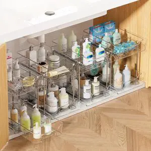 Vtopmart 4 Pack 2 Tier Bathroom Under Sink Organizers and Storage, Clear Kitchen Pantry Organization, Pull Out Medicine Cabinet Organizer with Movable Dividers Vtopmart 4 Pack 2 Tier Bathroom Under Sink Organizers and Storage, Clear Kitchen Pantry Organization, Pull Out Medicine Cabinet Organizer with Movable Dividers