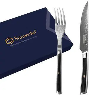 Sunnecko Damascus Steak Knife Set Non Serrated, Japanese VG10 Stainless Steel Steak Knife and Fork Set of 2, 5 Inch Steak Knives G10 Handle with Gift Box Sunnecko Damascus Steak Knife Set Non Serrated, Japanese VG10 Stainless Steel Steak Knife and Fork Set of 2, 5 Inch Steak Knives G10 Handle with Gift Box