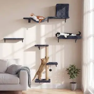 FUKUMARU Cat Wall Shelves, Stable & Safe 5 in 1 Cat Walls Furniture Set, Wooden Kitten Climbing Wall with Scratching Post for 16 Inch Drywall - Gray FUKUMARU Cat Wall Shelves, Stable & Safe 5 in 1 Cat Walls Furniture Set, Wooden Kitten Climbing Wall with Scratching Post for 16 Inch Drywall - Gray