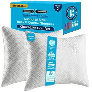 Xtreme Comforts GREENGUARD Certified Standard Bed Memory Foam Pillows (2 Pack) | Slim Cooling Pillow for Sleeping on Side, Back & Stomach - Firm and Soft Bed Pillows - USA Made Xtreme Comforts GREENGUARD Certified Standard Bed Memory Foam Pillows (2 Pack) | Slim Cooling Pillow for Sleeping on Side, Back & Stomach - Firm and Soft Bed Pillows - USA Made