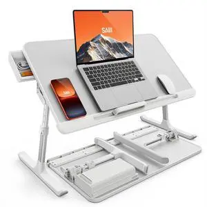 SAIJI Laptop Bed Tray Table, Adjustable PVC Leather Laptop Bed Table, Portable Standing Desk with Storage Drawer, Foldable Lap Tablet Table for Sofa Couch Floor (Large,White) SAIJI Laptop Bed Tray Table, Adjustable PVC Leather Laptop Bed Table, Portable Standing Desk with Storage Drawer, Foldable Lap Tablet Table for Sofa Couch Floor (Large,White)