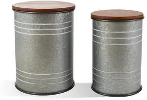 Glitzhome Rustic End Table Set of 2, Farmhouse Galvanized Metal Barrel Ottoman Storage Stool with Round Wood Lid for Living Room Furniture, Grey Glitzhome Rustic End Table Set of 2, Farmhouse Galvanized Metal Barrel Ottoman Storage Stool with Round Wood Lid for Living Room Furniture, Grey