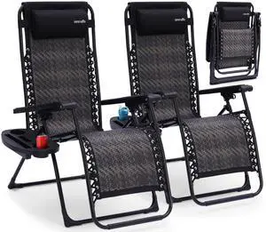 SereneLife Zero Gravity Lounge Chair Set of 2 Outdoor Reclining Patio Chairs with Rattan Side Table, Cup Holder & Pillow Foldable Lawn Chairs for Patio Furniture, Garden, Beach, or Indoor Relaxation SereneLife Zero Gravity Lounge Chair Set of 2 Outdoor Reclining Patio Chairs with Rattan Side Table, Cup Holder & Pillow Foldable Lawn Chairs for Patio Furniture, Garden, Beach, or Indoor Relaxation