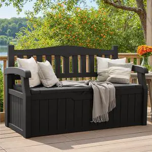 Greesum 80 Gallon Deck Box Storage Bench, Patio Furniture, Lockable, Waterproof and UV Resistant,with Armrest, Suitable for Garden, Porch, Poolside, Dark Black Greesum 80 Gallon Deck Box Storage Bench, Patio Furniture, Lockable, Waterproof and UV Resistant,with Armrest, Suitable for Garden, Porch, Poolside, Dark Black