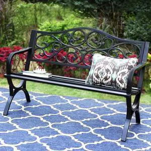 PHI VILLA 50-Inch Cast Iron Steel Frame Garden Bench Outdoor Patio Bench Chair w/Floral Design Backrest, Slatted Seat for Park, Yard & Porch, Black PHI VILLA 50-Inch Cast Iron Steel Frame Garden Bench Outdoor Patio Bench Chair w/Floral Design Backrest, Slatted Seat for Park, Yard & Porch, Black
