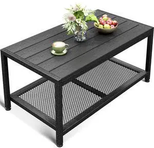 ODK Outdoor Coffee Table with Double-Layer Storage, Rectangle Weather-Resistant Patio Coffee Table for Garden, Balcony, Hot Tub, Poolside, Heavy-Duty Metal Frame, Black ODK Outdoor Coffee Table with Double-Layer Storage, Rectangle Weather-Resistant Patio Coffee Table for Garden, Balcony, Hot Tub, Poolside, Heavy-Duty Metal Frame, Black