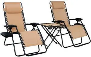 Outdoor Textilene Adjustable Zero Gravity Folding Reclining Lounge Chair Set with Cup Holder, Side Table, Headrest, Weather-Resistant, 35 x 26 x 43 inches, Beige, 2-Pack Outdoor Textilene Adjustable Zero Gravity Folding Reclining Lounge Chair Set with Cup Holder, Side Table, Headrest, Weather-Resistant, 35 x 26 x 43 inches, Beige, 2-Pack