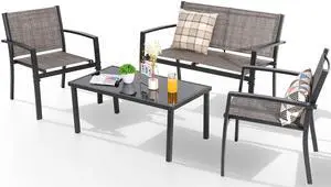 Shintenchi 4 Pieces Patio Furniture Set All Weather Textile Fabric Outdoor Conversation Set, with Glass Coffee Table, Loveseat, 2 Single Chairs for Home, Garden, Lawn, PorchLight Brown Shintenchi 4 Pieces Patio Furniture Set All Weather Textile Fabric Outdoor Conversation Set, with Glass Coffee Table, Loveseat, 2 Single Chairs for Home, Garden, Lawn, PorchLight Brown
