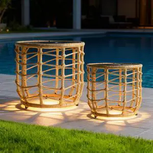 PARTPHONER Boho Solar Outdoor Side Table with Built-in Lights Set of 2, All-Weather Wicker Nesting Tables, Round Waterproof Accent End Table Design for Patio, Porch, Garden & Balcony, Natural Brown PARTPHONER Boho Solar Outdoor Side Table with Built-in Lights Set of 2, All-Weather Wicker Nesting Tables, Round Waterproof Accent End Table Design for Patio, Porch, Garden & Balcony, Natural Brown