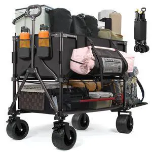 Double Decker Wagon Heavy Duty Collapsible, 600LBS 400L Capacity Foldable Utility Cart with Big Wheels for Beach, Outdoor, Camping & Gardening, Durable Steel Frame Double Decker Wagon Heavy Duty Collapsible, 600LBS 400L Capacity Foldable Utility Cart with Big Wheels for Beach, Outdoor, Camping & Gardening, Durable Steel Frame