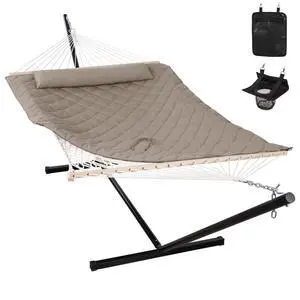ANOW 2 Person Hammock with 12FT Heavy Duty Steel Stand, Double Rope Hammock with Detachable Pillow and Pad for Outdoors Indoors, 450 LBS Weight Capacity, Light Brown ANOW 2 Person Hammock with 12FT Heavy Duty Steel Stand, Double Rope Hammock with Detachable Pillow and Pad for Outdoors Indoors, 450 LBS Weight Capacity, Light Brown
