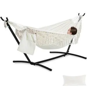 PNAEUT Handmade Tassel Hammocks, Double Hammock with Stand for Outside, Max 450 lbs Capacity, Pillow & Storage Bag Included (Beige) PNAEUT Handmade Tassel Hammocks, Double Hammock with Stand for Outside, Max 450 lbs Capacity, Pillow & Storage Bag Included (Beige)