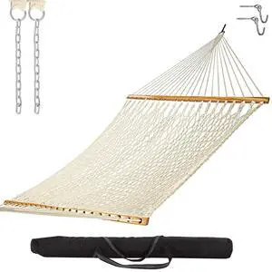 Castaway Living 13 ft. Double Traditional Hand Woven Oatmeal Cotton Rope Hammock 2-Person, 450 lb Capacity, Free Extension Chains & Tree Hooks, Designed in The USA Castaway Living 13 ft. Double Traditional Hand Woven Oatmeal Cotton Rope Hammock 2-Person, 450 lb Capacity, Free Extension Chains & Tree Hooks, Designed in The USA