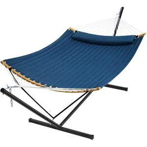 SUPERJARE Curved-Bar Hammock with Stand, 2 Person Heavy Duty Hammock Frame, Detachable Pillow & Portable Carrying Bag, Perfect for Outdoor & Indoor, Navy Blue SUPERJARE Curved-Bar Hammock with Stand, 2 Person Heavy Duty Hammock Frame, Detachable Pillow & Portable Carrying Bag, Perfect for Outdoor & Indoor, Navy Blue