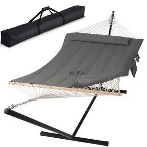 SUNCREAT Double Outdoor Hammock with Stand, Carrying Bag, Two Person Cotton Rope Hammock with Polyester Pad, Dark Gray SUNCREAT Double Outdoor Hammock with Stand, Carrying Bag, Two Person Cotton Rope Hammock with Polyester Pad, Dark Gray