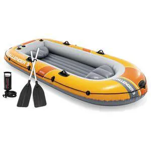 INTEX 66313EP Challenger 3 Inflatable Boat Set: Includes Deluxe 54in Aluminum Oars and High-Output Pump Triple Air Chambers Welded Oar Locks 3-Person 660lb Weight Capacity INTEX 66313EP Challenger 3 Inflatable Boat Set: Includes Deluxe 54in Aluminum Oars and High-Output Pump Triple Air Chambers Welded Oar Locks 3-Person 660lb Weight Capacity