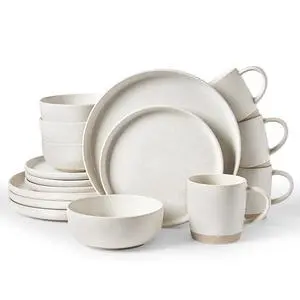 Famiware Milkyway Stoneware Dinnerware Sets with Mugs, Service for 4 (16 Pieces), Reactive Glaze Plates and Bowls Sets, Microwave and Dishwasher Safe Dishes Set, Matte Beige White Famiware Milkyway Stoneware Dinnerware Sets with Mugs, Service for 4 (16 Pieces), Reactive Glaze Plates and Bowls Sets, Microwave and Dishwasher Safe Dishes Set, Matte Beige White