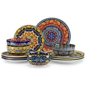 vancasso Plates and Bowls Sets,12-Piece Porcelain Dinnerware Set Service for 4, Bohemian Style Dishes Set for 4, Kitchen Dinner Set, Microwave and Dishwasher Safe, Scratch Resistant, Series KRVI vancasso Plates and Bowls Sets,12-Piece Porcelain Dinnerware Set Service for 4, Bohemian Style Dishes Set for 4, Kitchen Dinner Set, Microwave and Dishwasher Safe, Scratch Resistant, Series KRVI