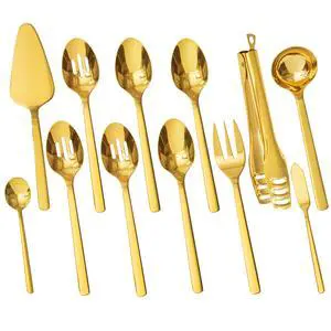 KINGSTONE Large Hostess Gold Serving Utensils Set, 18/10 Stainless Steel -10 inch Serving Spoons, Slotted Spoons, Forks, Tongs, Cake Pie Server, Butter Knife, Sugar spoon for Buffet, Wedding, Party KINGSTONE Large Hostess Gold Serving Utensils Set, 18/10 Stainless Steel -10 inch Serving Spoons, Slotted Spoons, Forks, Tongs, Cake Pie Server, Butter Knife, Sugar spoon for Buffet, Wedding, Party