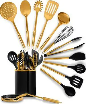 STYLED SETTINGS Black and Gold Cooking Utensils Set - 13-Piece Kitchen Set with Black Ceramic Utensil Holder and Stackable Gold Spoon Rest - Luxury Kitchen Accessories for Stylish Cooking and Serving STYLED SETTINGS Black and Gold Cooking Utensils Set - 13-Piece Kitchen Set with Black Ceramic Utensil Holder and Stackable Gold Spoon Rest - Luxury Kitchen Accessories for Stylish Cooking and Serving