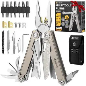 BIBURY Titanium Alloy Multitool with Damascus Knife, EDC Multi tools with Replaceable Wire Cutters, Scissors, Screwdriver Bits, Titanium Handle Multi-Tool for Camping, Survival, Repair - BI2049TI BIBURY Titanium Alloy Multitool with Damascus Knife, EDC Multi tools with Replaceable Wire Cutters, Scissors, Screwdriver Bits, Titanium Handle Multi-Tool for Camping, Survival, Repair - BI2049TI