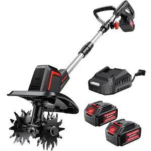 SOARFLY Upgraded Cordless Electric Tiller for Gardening, Total 8.0Ah Battery Powered Mini Cultivator with 2×4.0AH Batteries, 9" Width, 6.6" Depth, 48 Steel Tines Rototiller for Soil Cultivation SOARFLY Upgraded Cordless Electric Tiller for Gardening, Total 8.0Ah Battery Powered Mini Cultivator with 2×4.0AH Batteries, 9" Width, 6.6" Depth, 48 Steel Tines Rototiller for Soil Cultivation