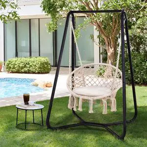 SUNCREAT Patio Swing Chair with Stand and Cushion, Heavy Duty Hanging Chair with Stand for Bedroom, 330 lbs Capacity, Patent Pending, Beige SUNCREAT Patio Swing Chair with Stand and Cushion, Heavy Duty Hanging Chair with Stand for Bedroom, 330 lbs Capacity, Patent Pending, Beige