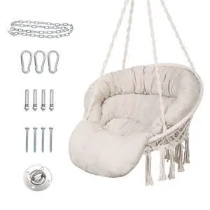 Hammock Chair with Cushion, Handmade Macrame Swing Chair with Hanging Hardware Kits, Bohemian Style Cotton Rope Hanging Chair for Bedroom Indoor Outdoor, Beige Hammock Chair with Cushion, Handmade Macrame Swing Chair with Hanging Hardware Kits, Bohemian Style Cotton Rope Hanging Chair for Bedroom Indoor Outdoor, Beige