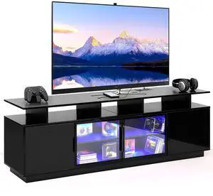 ansefe 70 Inch Black TV Stand for Living Room, LED Entertainment Center for Gaming, Modern TV Cabinet Console, Transparent Glass Door Storage Cabinet ansefe 70 Inch Black TV Stand for Living Room, LED Entertainment Center for Gaming, Modern TV Cabinet Console, Transparent Glass Door Storage Cabinet
