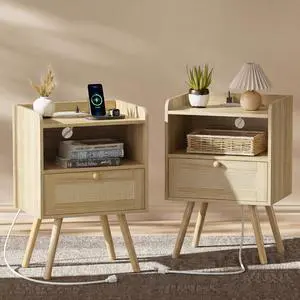 SUPERJARE Nightstands Set of 2, Night Stands with Charging Station & PE Rattan Decor Drawer, Bed Side Tables with Solid Wood Feet, End Table, for Bedroom, Living Room - Natural SUPERJARE Nightstands Set of 2, Night Stands with Charging Station & PE Rattan Decor Drawer, Bed Side Tables with Solid Wood Feet, End Table, for Bedroom, Living Room - Natural
